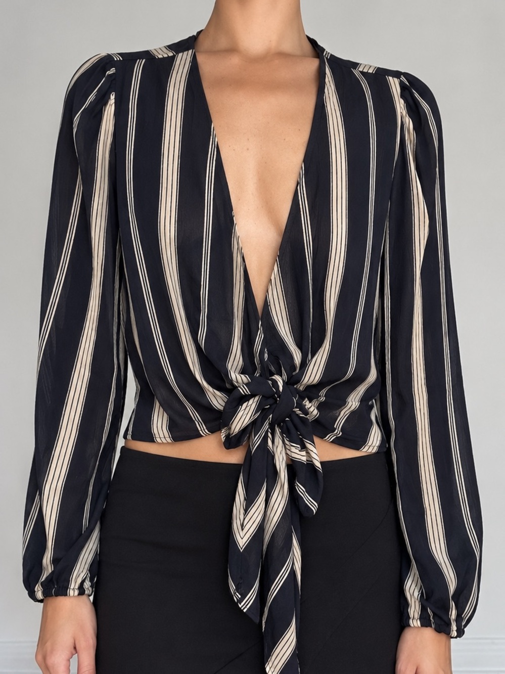 Reformation Striped Front Tie Wrap Blouse Long-Sleeve Top - Size XS/S